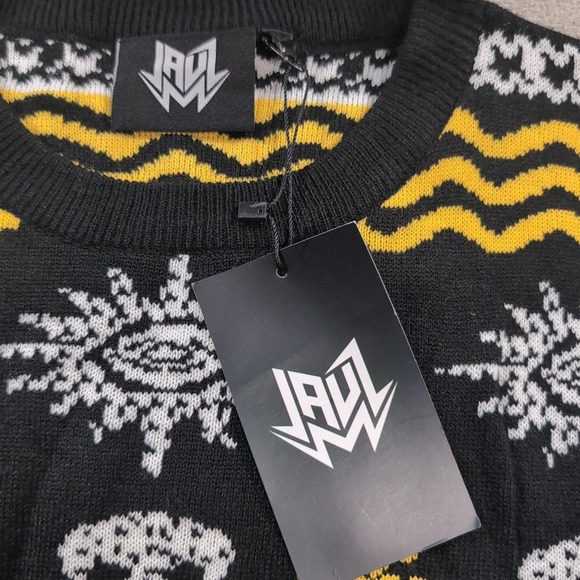 JAUL Black NWT Black White Yellow Long Sleeve Pullover Sweater Size Large Skull - Picture 3 of 10